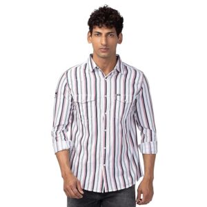 Spykar Men Tan Pink Cotton Slim Fit Striped Shirt till 4XL