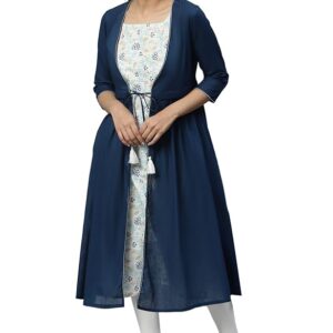 Aurelia Women Blue Solid Cotton Kurta with Shrug