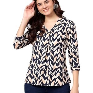 Cantabil Printed Polyester 3-4 Sleeve V-Neck Casual Top for Women