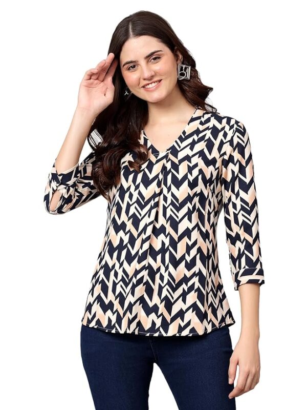 Cantabil Printed Polyester 3-4 Sleeve V-Neck Casual Top for Women