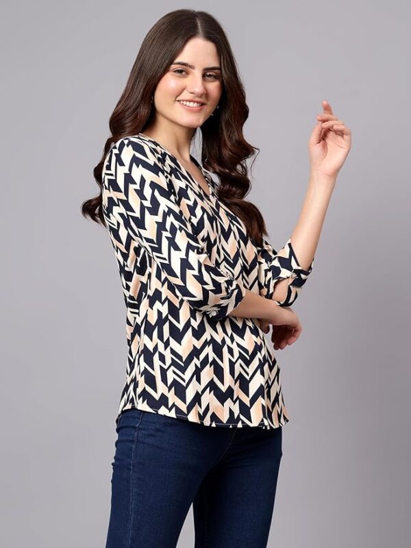 Cantabil Printed Polyester 3-4 Sleeve V-Neck Casual Top for Women