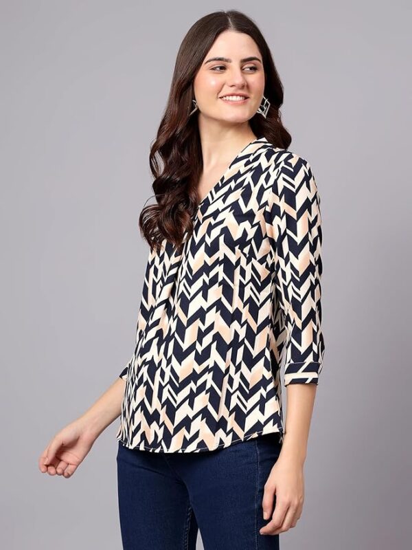 Cantabil Printed Polyester 3-4 Sleeve V-Neck Casual Top for Women