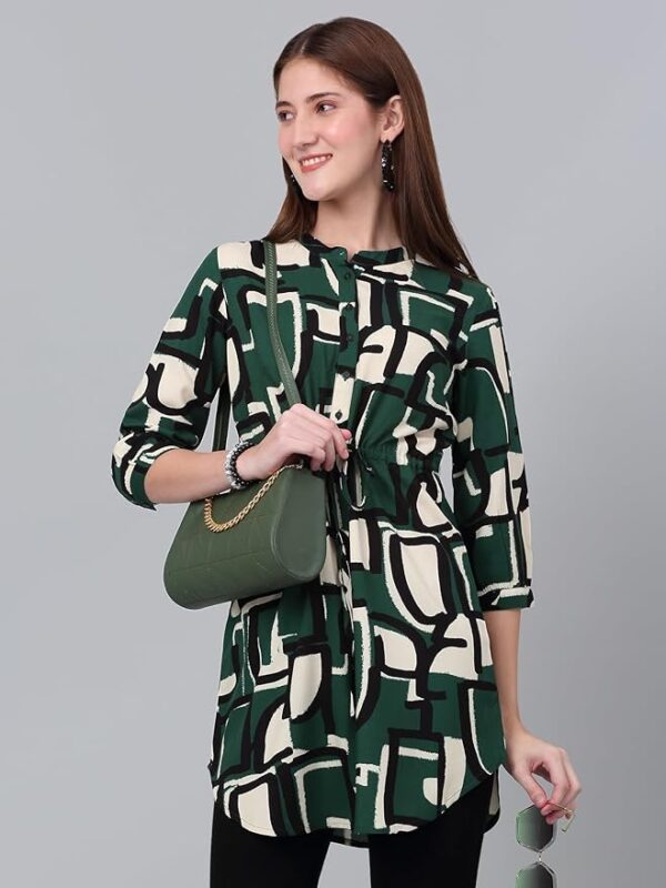 Cantabil Women Printed Shirt Collar Casual Tunic Green