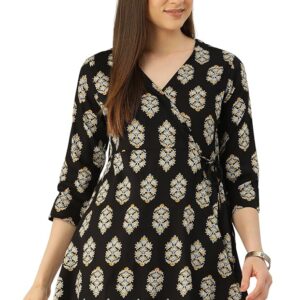 Feranoid Floral Print Angrakha 3 Sleeves Flared Kurti Black