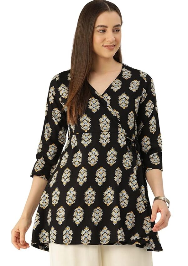 Feranoid Floral Print Angrakha 3 Sleeves Flared Kurti Black