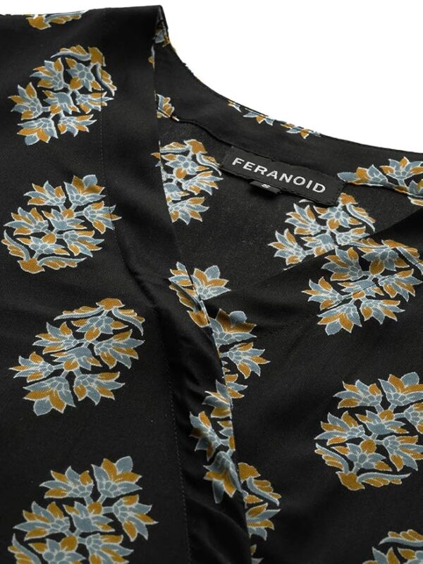 Feranoid Floral Print Angrakha 3 Sleeves Flared Kurti Black