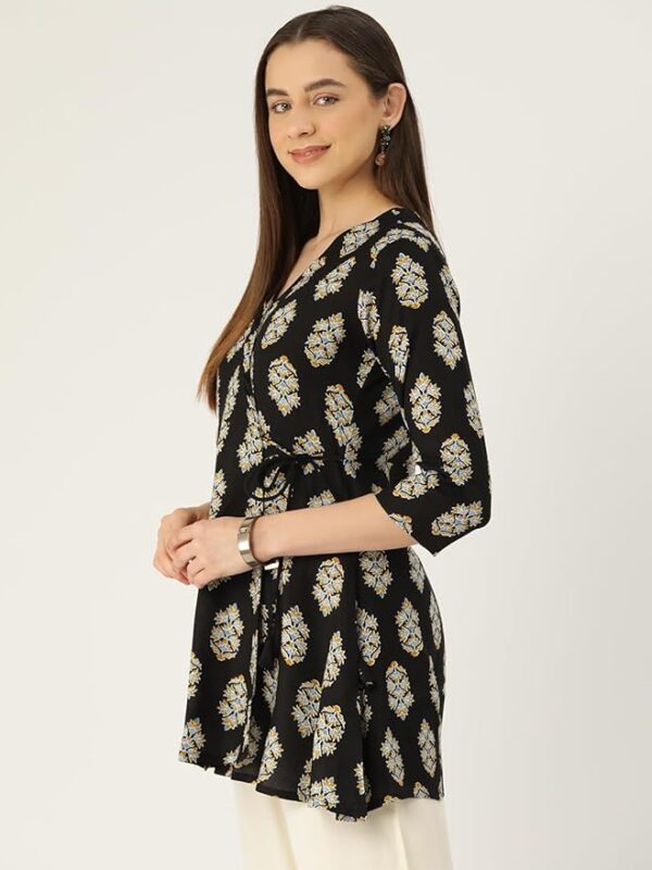 Feranoid Floral Print Angrakha 3 Sleeves Flared Kurti Black