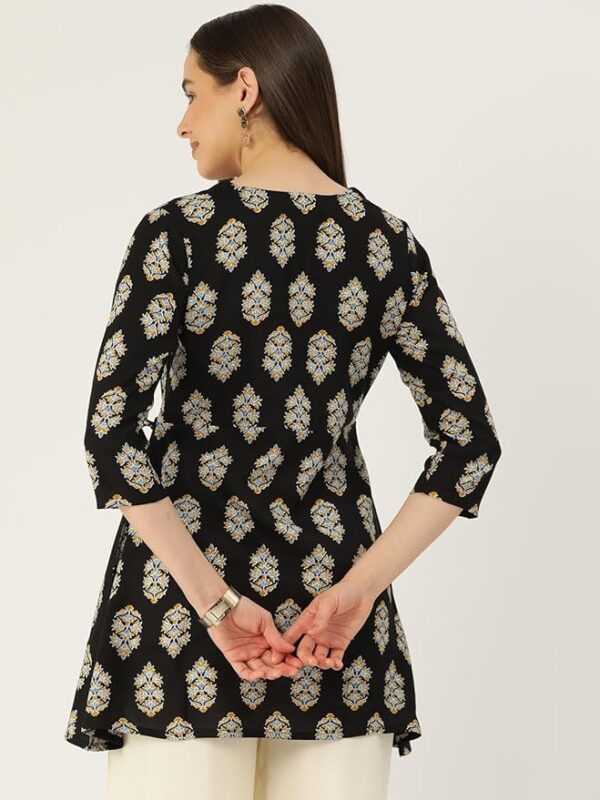 Feranoid Floral Print Angrakha 3 Sleeves Flared Kurti Black