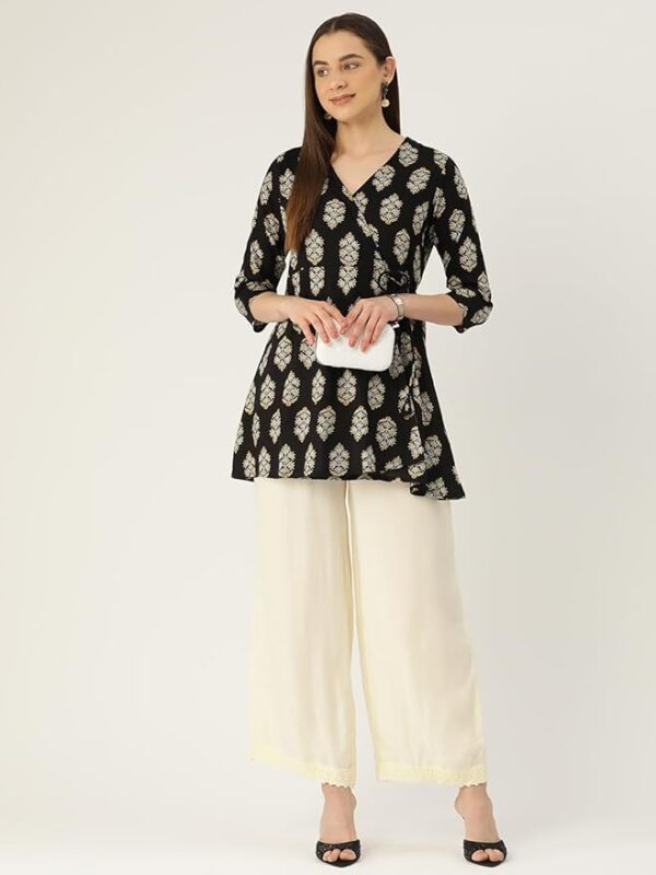 Feranoid Floral Print Angrakha 3 Sleeves Flared Kurti Black