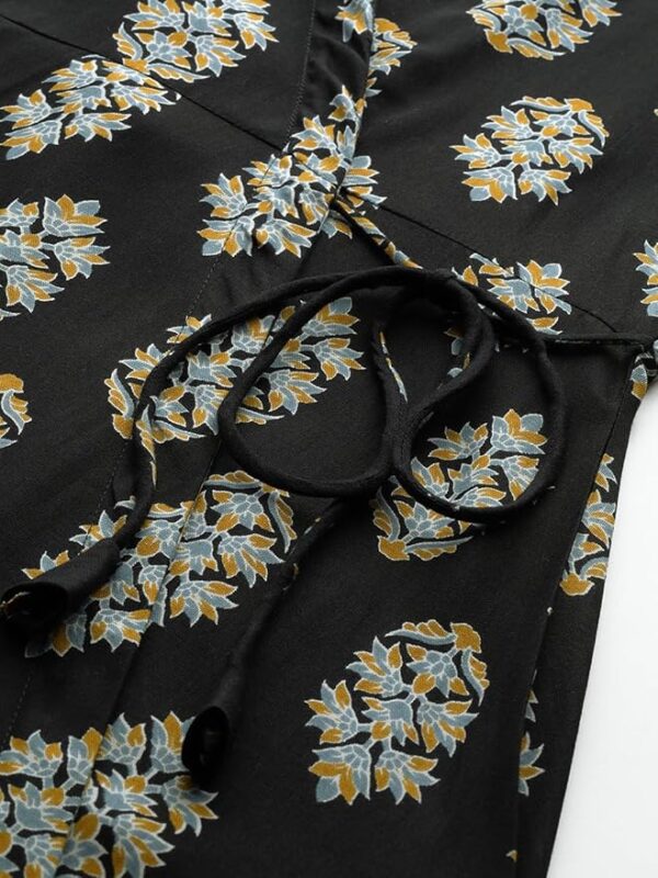 Feranoid Floral Print Angrakha 3 Sleeves Flared Kurti Black