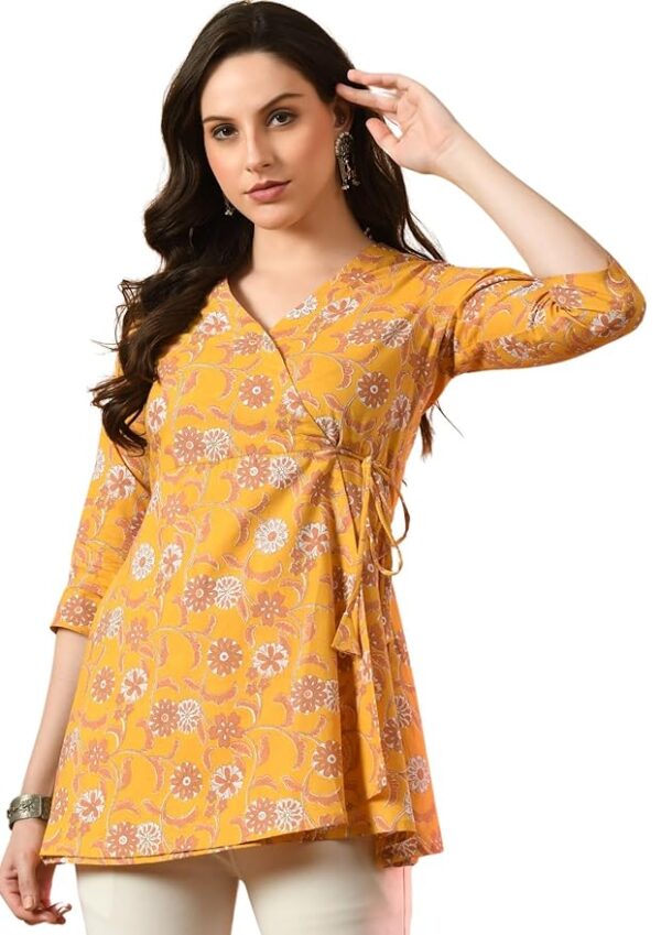 feranoid Floral Print Angrakha 3 Sleeves Flared Kurti Yellow