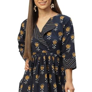 feranoid women's cotton floral printed short kurti tunic top blue