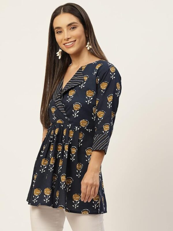 feranoid women's cotton floral printed short kurti tunic top blue