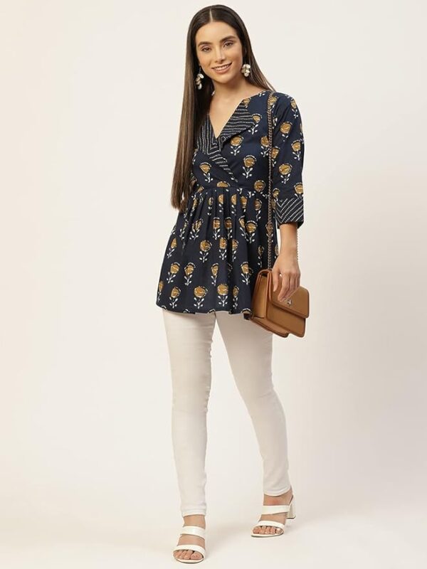 feranoid women's cotton floral printed short kurti tunic top blue