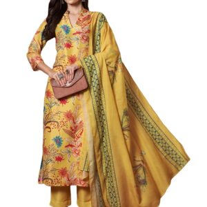 GoSriKi Pubani Floral Printed Mandarin Collar Straight Kurta Trousers Dupatta