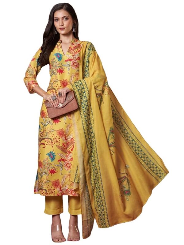 GoSriKi Pubani Floral Printed Mandarin Collar Straight Kurta Trousers Dupatta