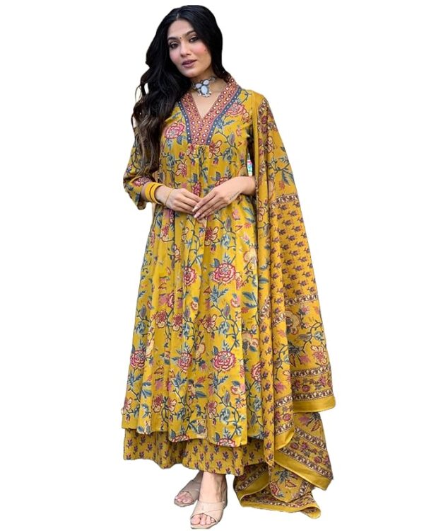 Gosriki Women Cotton Rayon Kurta Palazzo Dupatta Set Till 5XL