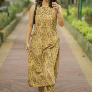 GOSRIKI Women Yellow Floral Print Straight Kurta Pants Set