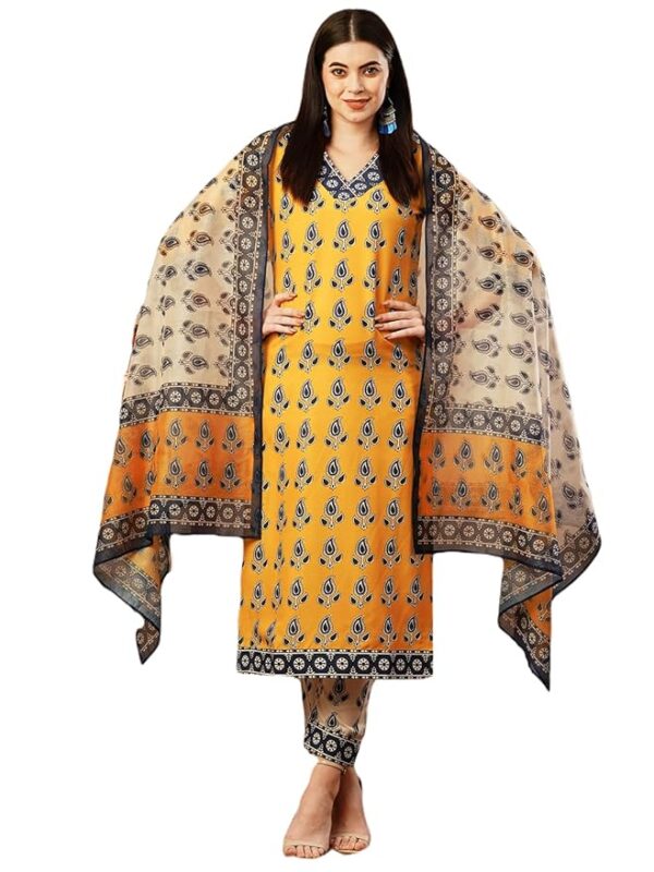 GoSriKi Yellow Cotton Blend Straight Printed Kurta with Pant & Dupatta