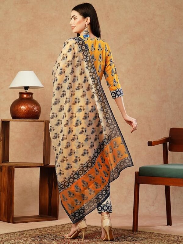GoSriKi Yellow Cotton Blend Straight Printed Kurta with Pant & Dupatta