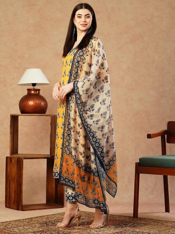 GoSriKi Yellow Cotton Blend Straight Printed Kurta with Pant & Dupatta