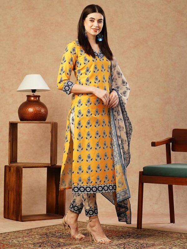GoSriKi Yellow Cotton Blend Straight Printed Kurta with Pant & Dupatta