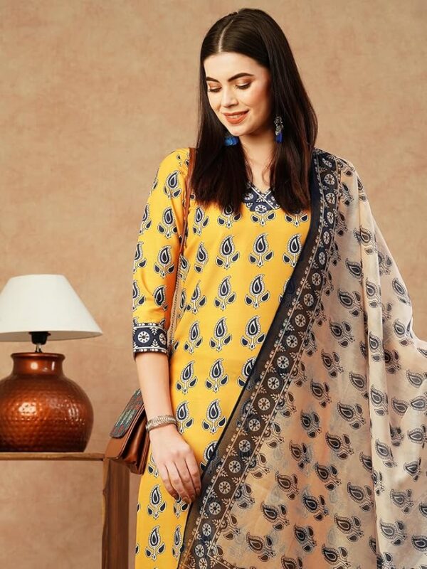 GoSriKi Yellow Cotton Blend Straight Printed Kurta with Pant & Dupatta