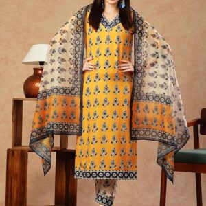 GoSriKi Yellow Cotton Blend Straight Printed Kurta with Pant & Dupatta
