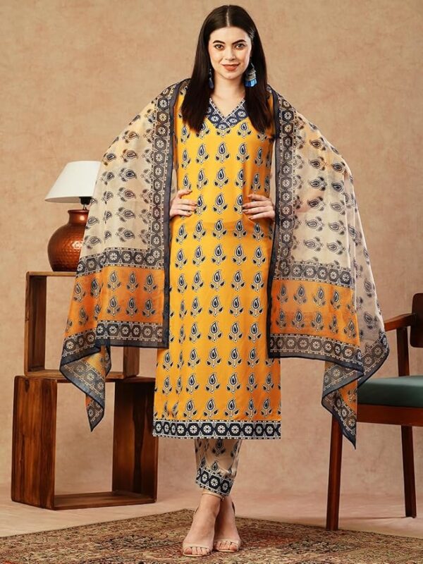 GoSriKi Yellow Cotton Blend Straight Printed Kurta with Pant & Dupatta