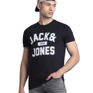 JACK & JONES Men Typography Round Neck Cotton Blend Black T-Shirt till 2XL