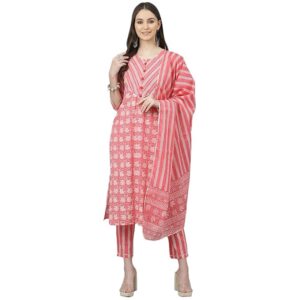 JAIPURATTIRE Women 3 Piece Pink Floral Printed Kurta Pants And Dupatta