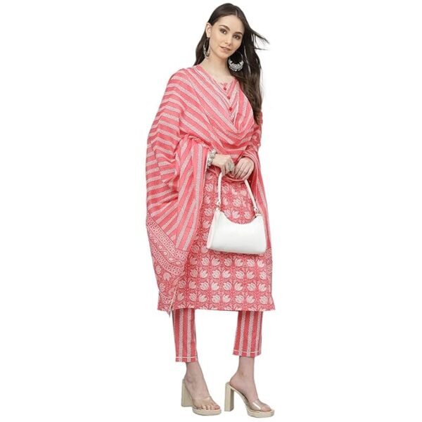 JAIPURATTIRE Women 3 Piece Pink Floral Printed Kurta Pants And Dupatta