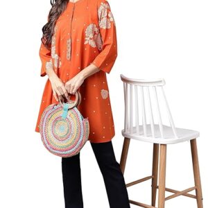 Janasya Womens Orange Cotton Floral Printed Flared Tunic