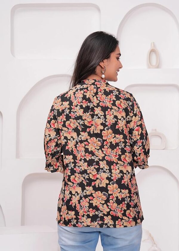 KIPEK Black Floral Print Tunic Cotton Fabric 3-4 Sleeves V-Neck and HIPS Length