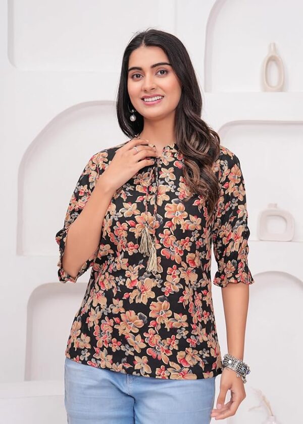 KIPEK Black Floral Print Tunic Cotton Fabric 3-4 Sleeves V-Neck and HIPS Length
