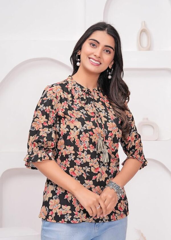 KIPEK Black Floral Print Tunic Cotton Fabric 3-4 Sleeves V-Neck and HIPS Length