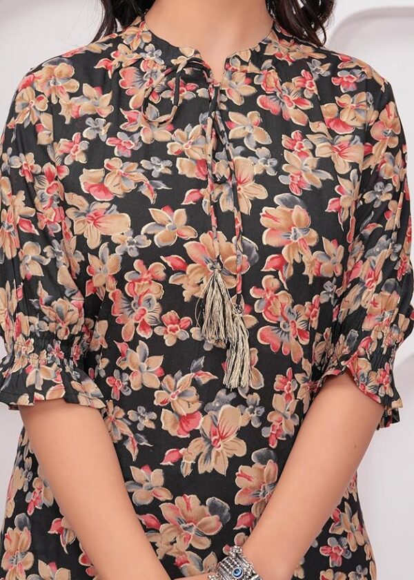 KIPEK Black Floral Print Tunic Cotton Fabric 3-4 Sleeves V-Neck and HIPS Length