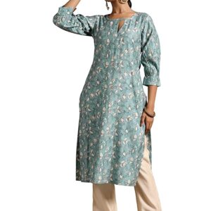 Libas Floral Printed Keyhole Neck Puff Sleeves Silk Straight Kurta