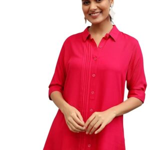 LIBAS Women Solid Viscose Rayon Straight TOP Pink