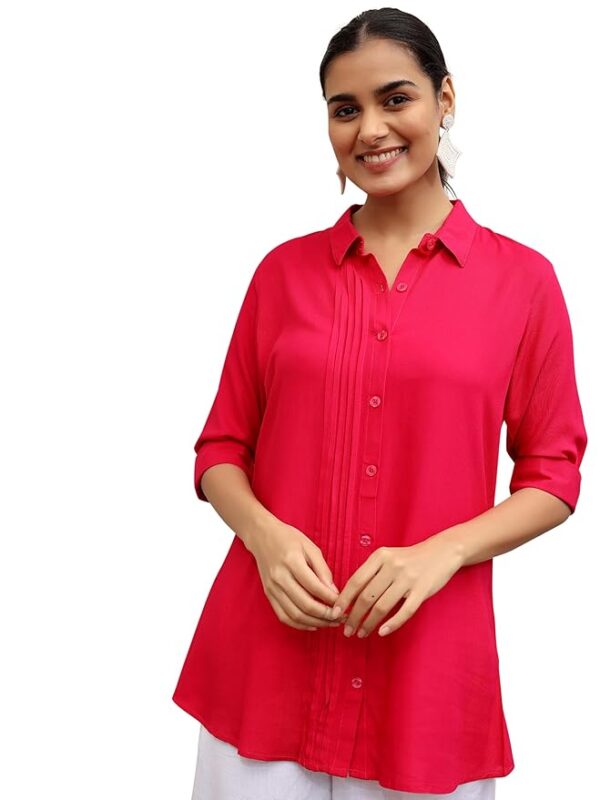 LIBAS Women Solid Viscose Rayon Straight TOP Pink