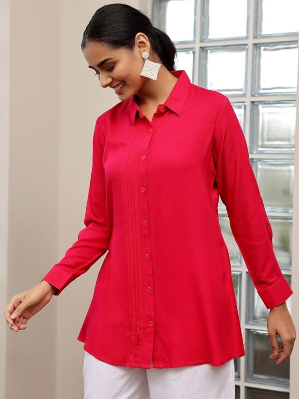 LIBAS Women Solid Viscose Rayon Straight TOP Pink