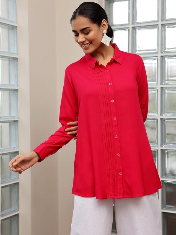 LIBAS Women Solid Viscose Rayon Straight TOP Pink