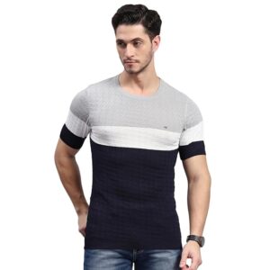 Monte Carlo Colourblocked Cotton T-shirt Navy Blue Till 3XL