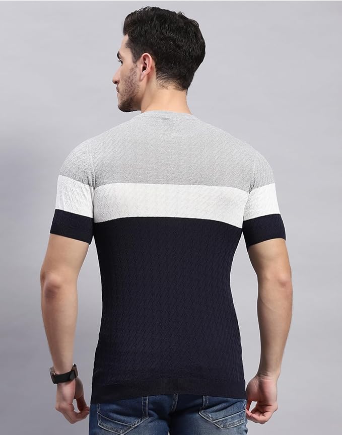 Monte Carlo Colourblocked Cotton T-shirt Navy Blue Till 3XL