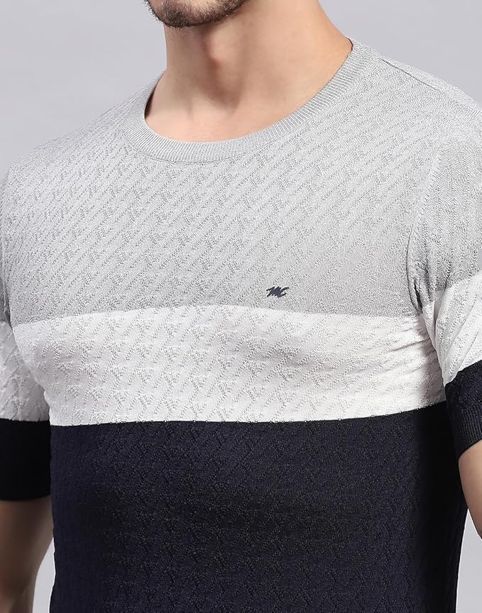 Monte Carlo Colourblocked Cotton T-shirt Navy Blue Till 3XL