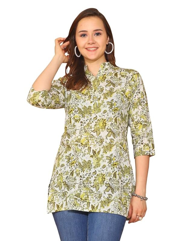 Rajnandini Pure Cotton Floral Printed Tunic White & Mahendi Green