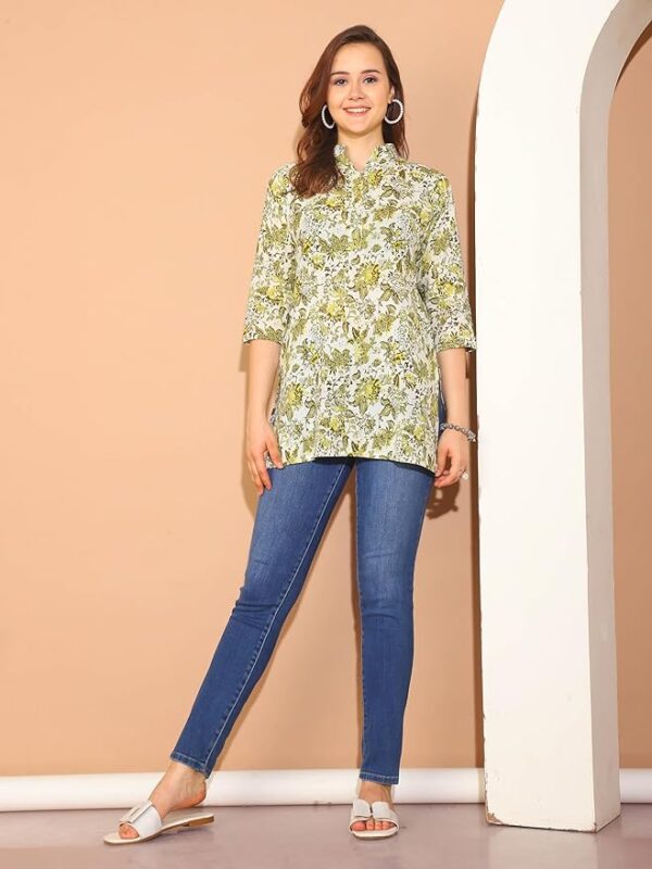 Rajnandini Pure Cotton Floral Printed Tunic White & Mahendi Green