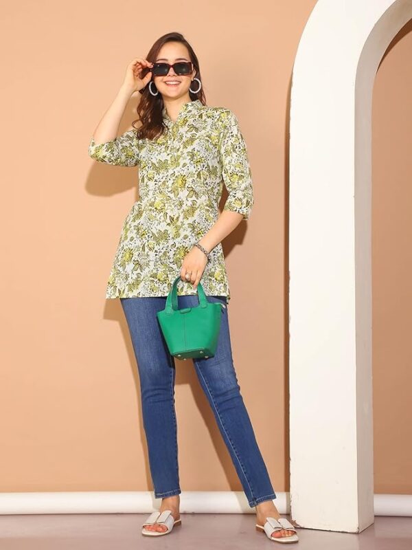 Rajnandini Pure Cotton Floral Printed Tunic White & Mahendi Green