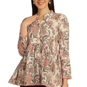 Rajnandini Women Off White Pure Cotton Floral Printed Short Tunic