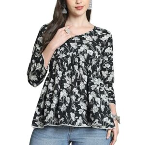 Rajnandini Womens Black Pure Cotton Jaipuri Printed Short Top